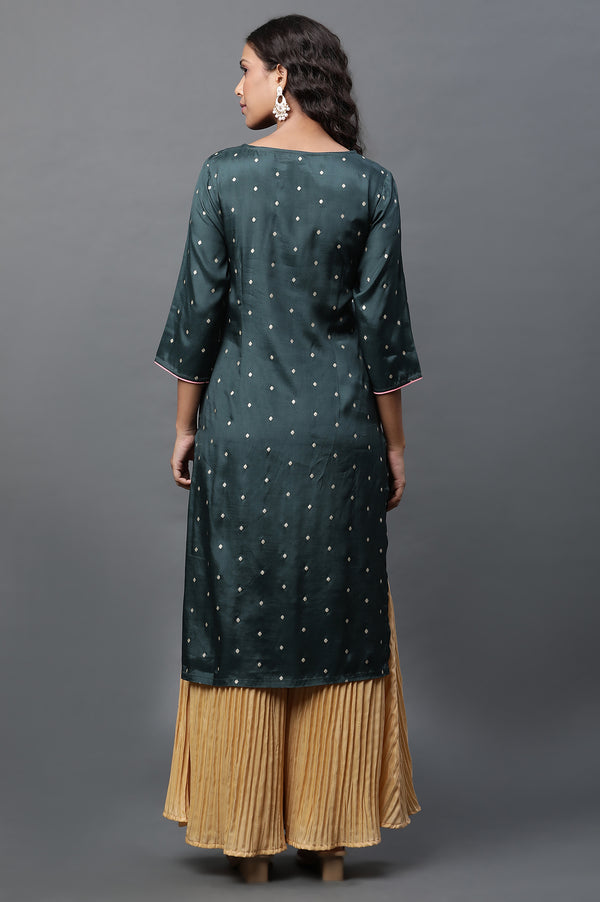 Green Polka Dot Embroidered Straight Shantung Kurta