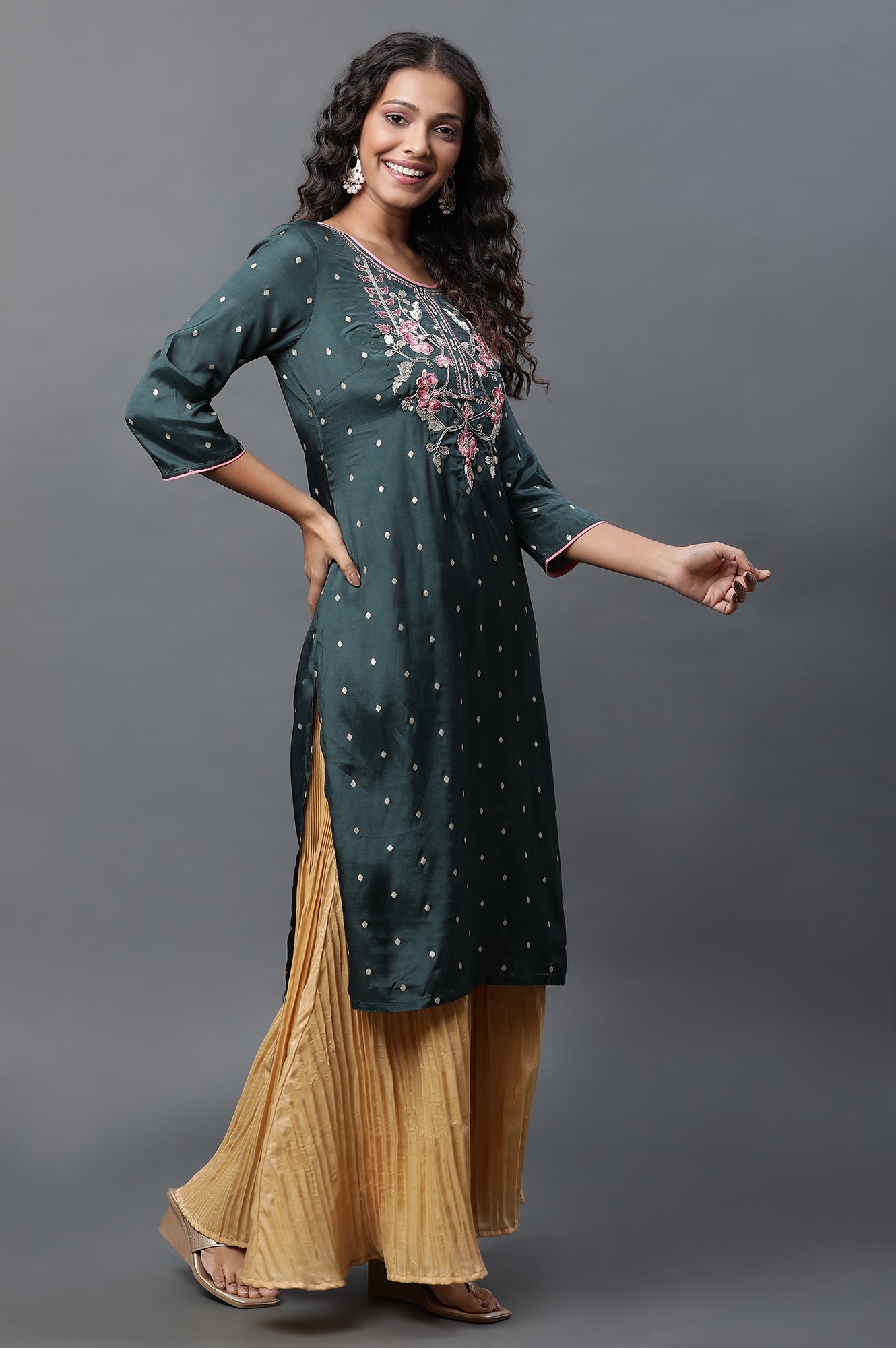 Dark Green Zari Embroidered Shantung Kurta