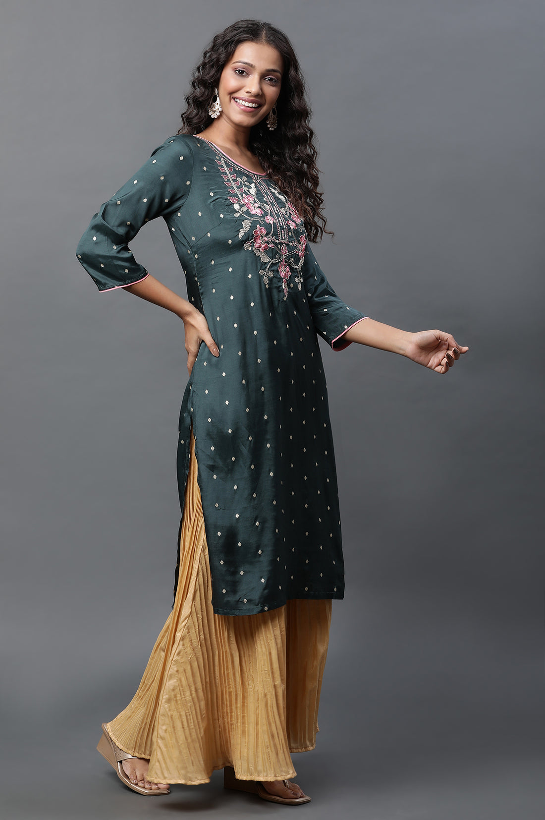 Green Polka Dot Embroidered Straight Shantung Kurta