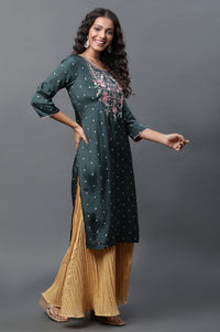 Green Polka Dot Embroidered Straight Shantung Kurta