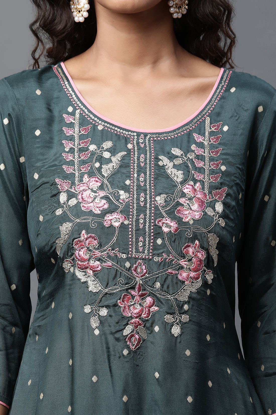 Green Polka Dot Embroidered Straight Shantung Kurta