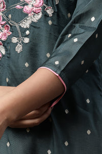 Green Polka Dot Embroidered Straight Shantung Kurta