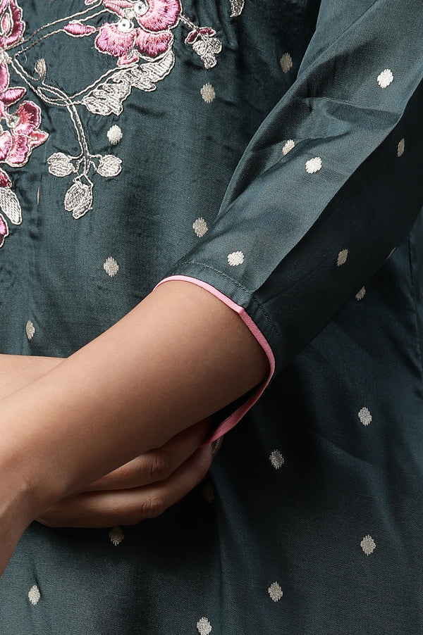 Green Polka Dot Embroidered Straight Shantung Kurta