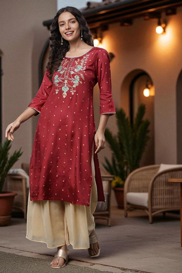 Red Zari Embroidered Shantung Kurta