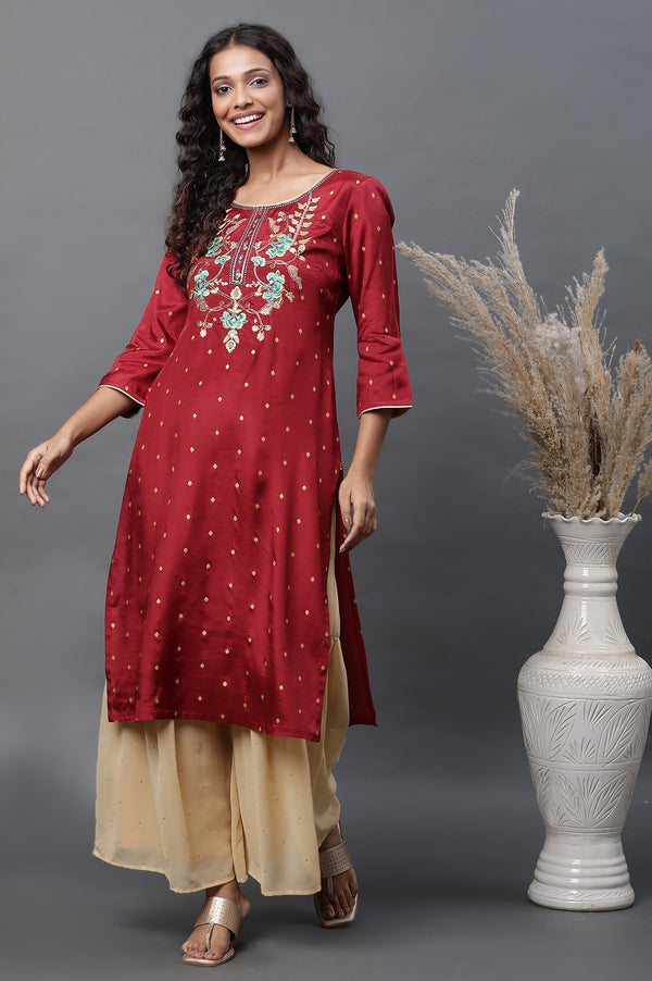 Red Polka Dot Embroidered Straight Shantung Kurta