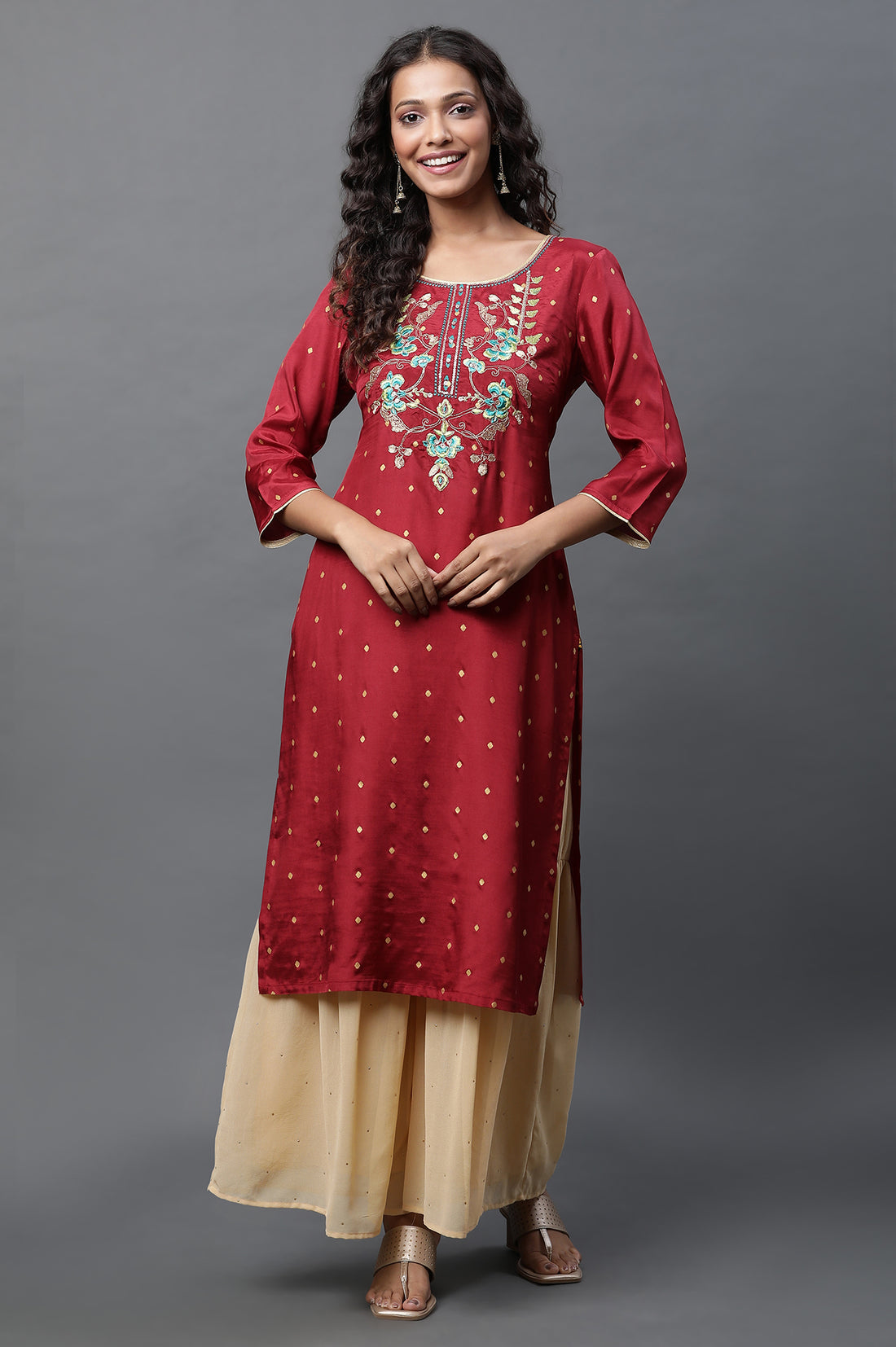 Red Polka Dot Embroidered Straight Shantung Kurta
