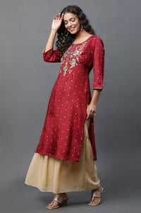 Red Polka Dot Embroidered Straight Shantung Kurta