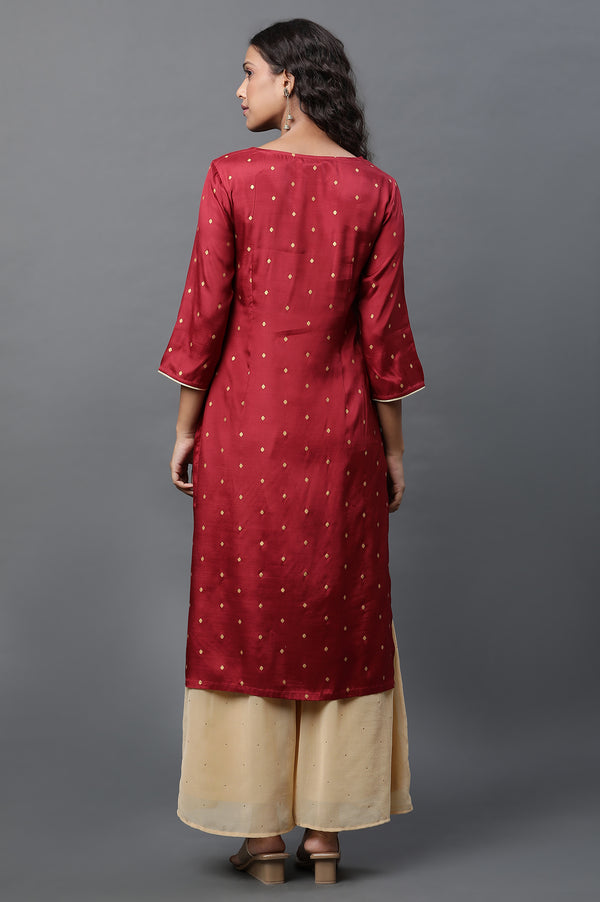 Red Polka Dot Embroidered Straight Shantung Kurta