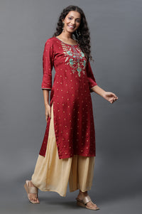 Red Polka Dot Embroidered Straight Shantung Kurta