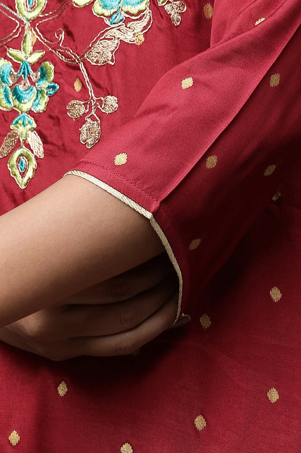 Red Polka Dot Embroidered Straight Shantung Kurta