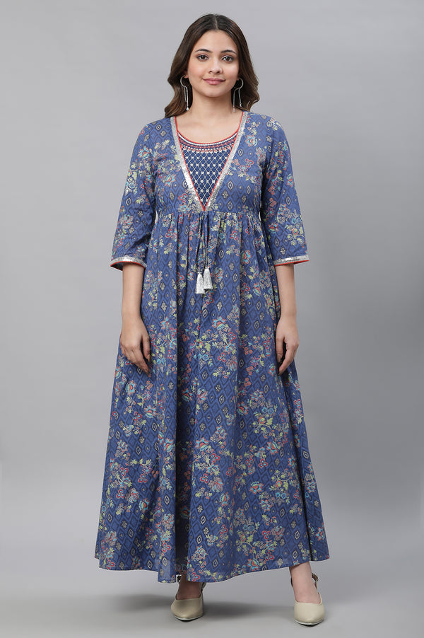 Blue Embellished Full-length Printed Kurta