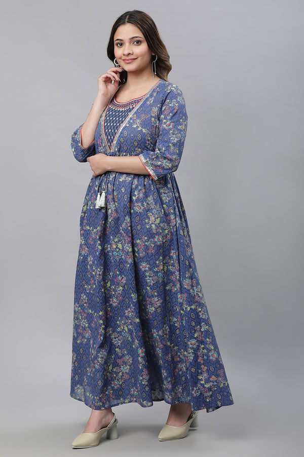 Blue Embellished Full-length Printed Kurta