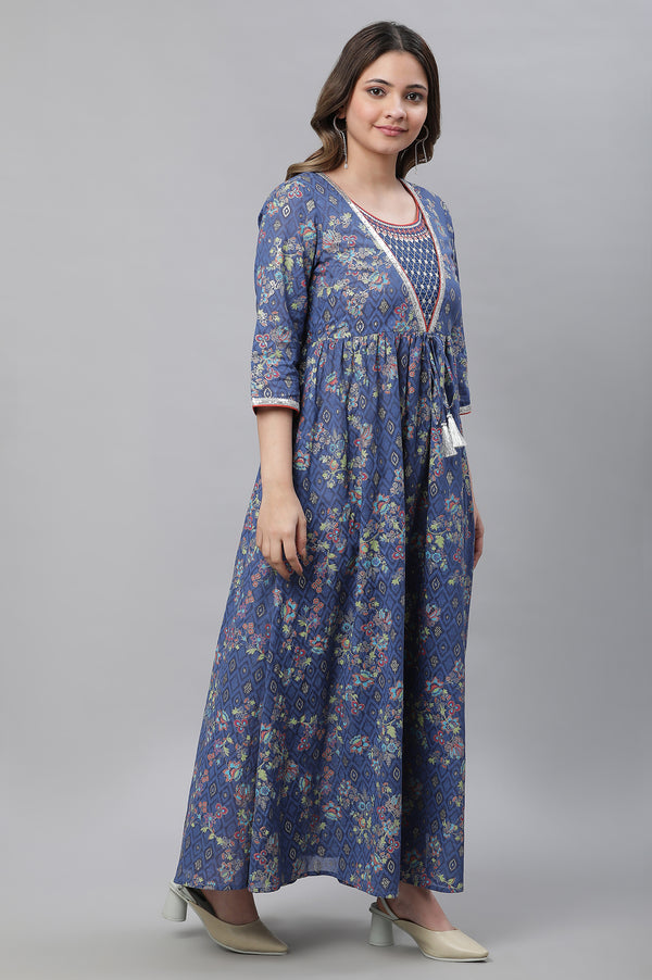 Blue Embellished Full-length Printed Kurta