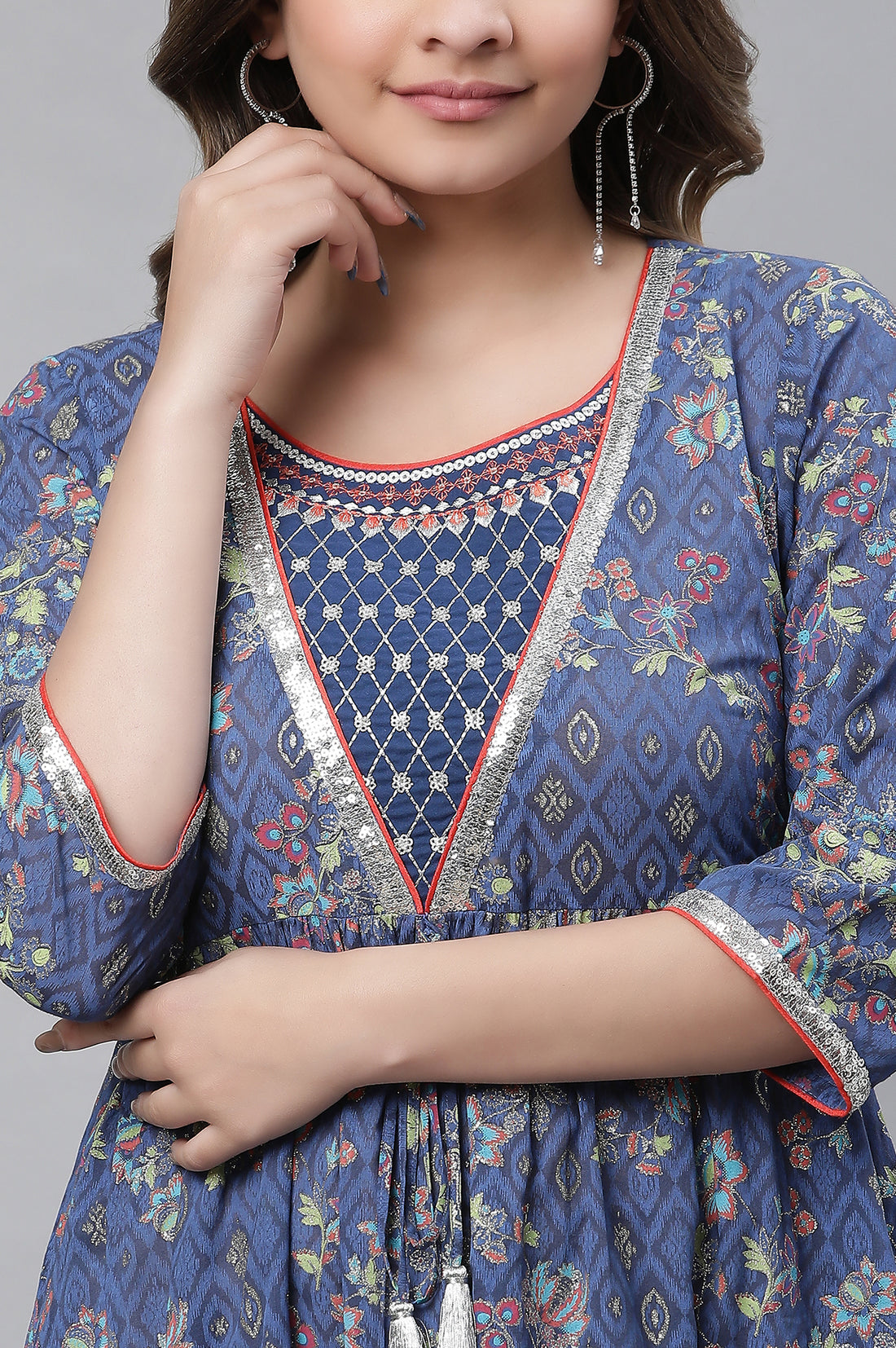 Blue Embellished Full-length Printed Kurta