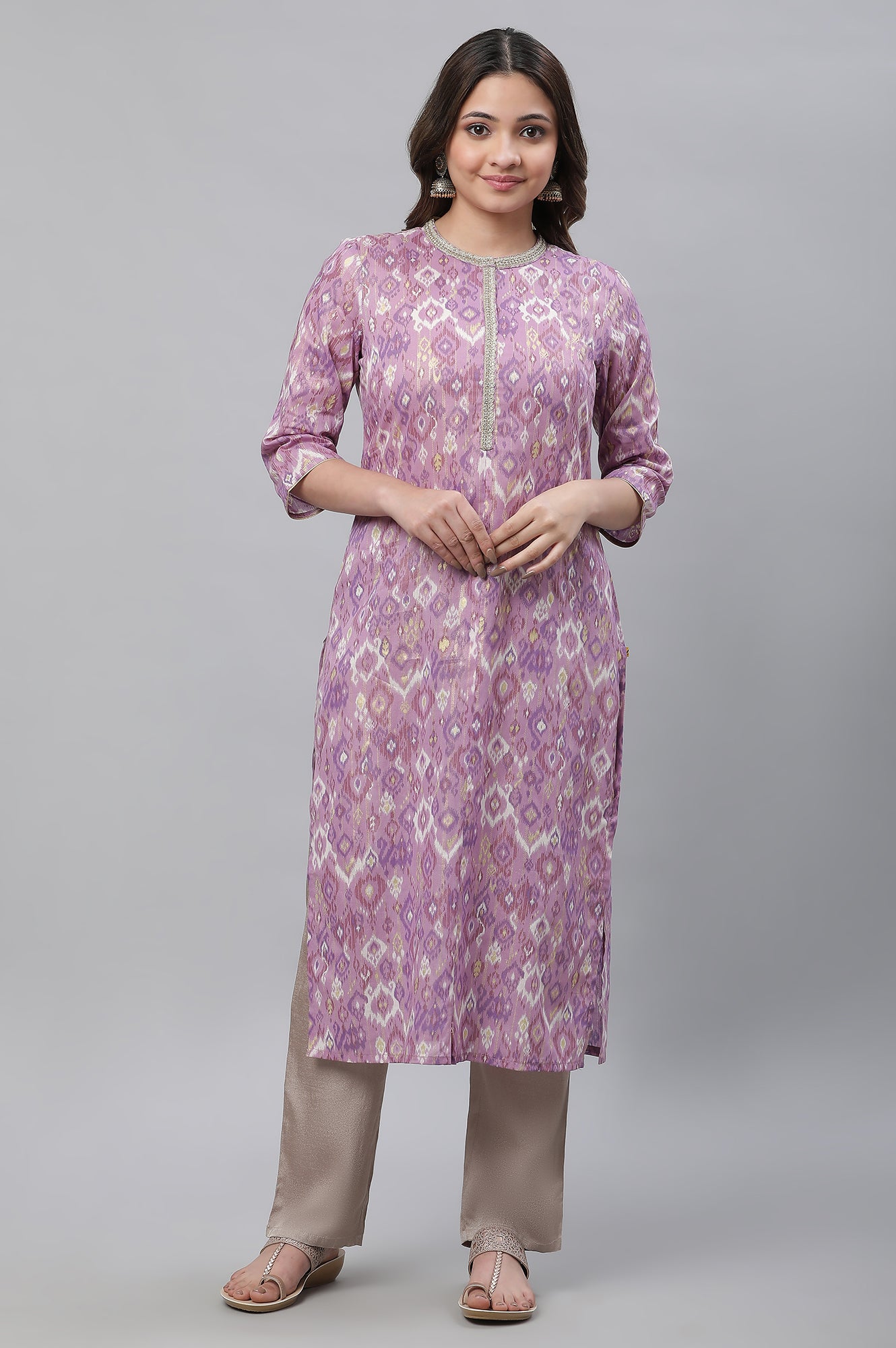 Purple Ikkat Printed Festive Kurta