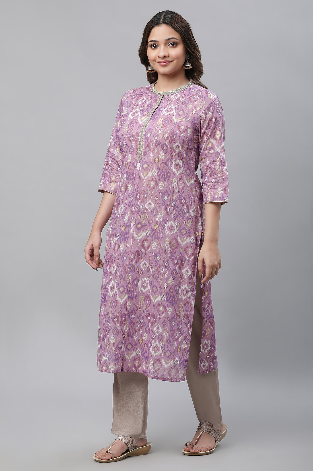 Purple Ikkat Printed Straight Festive Kurta