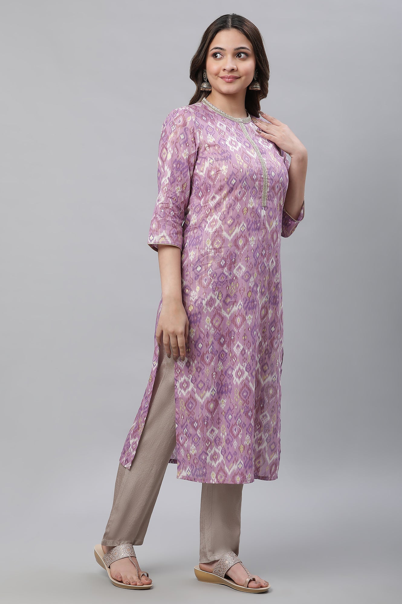 Purple Ikkat Printed Festive Kurta