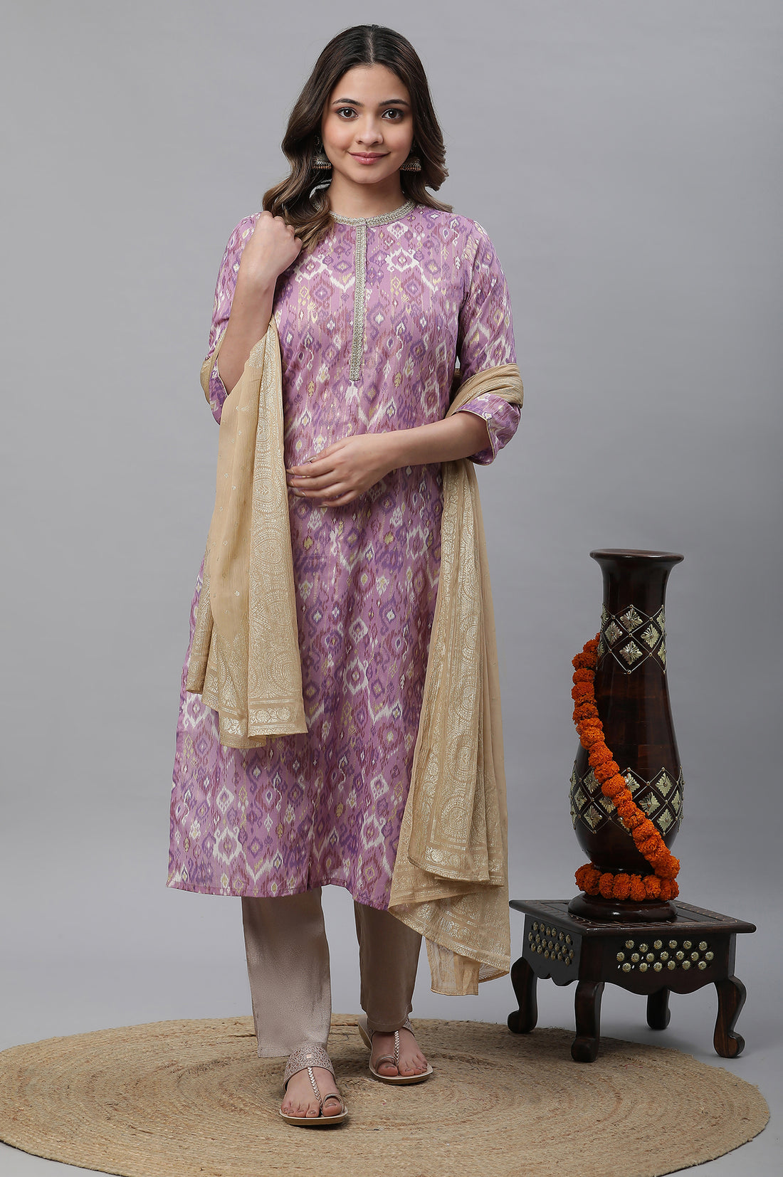 Purple Ikkat Printed Straight Festive Kurta