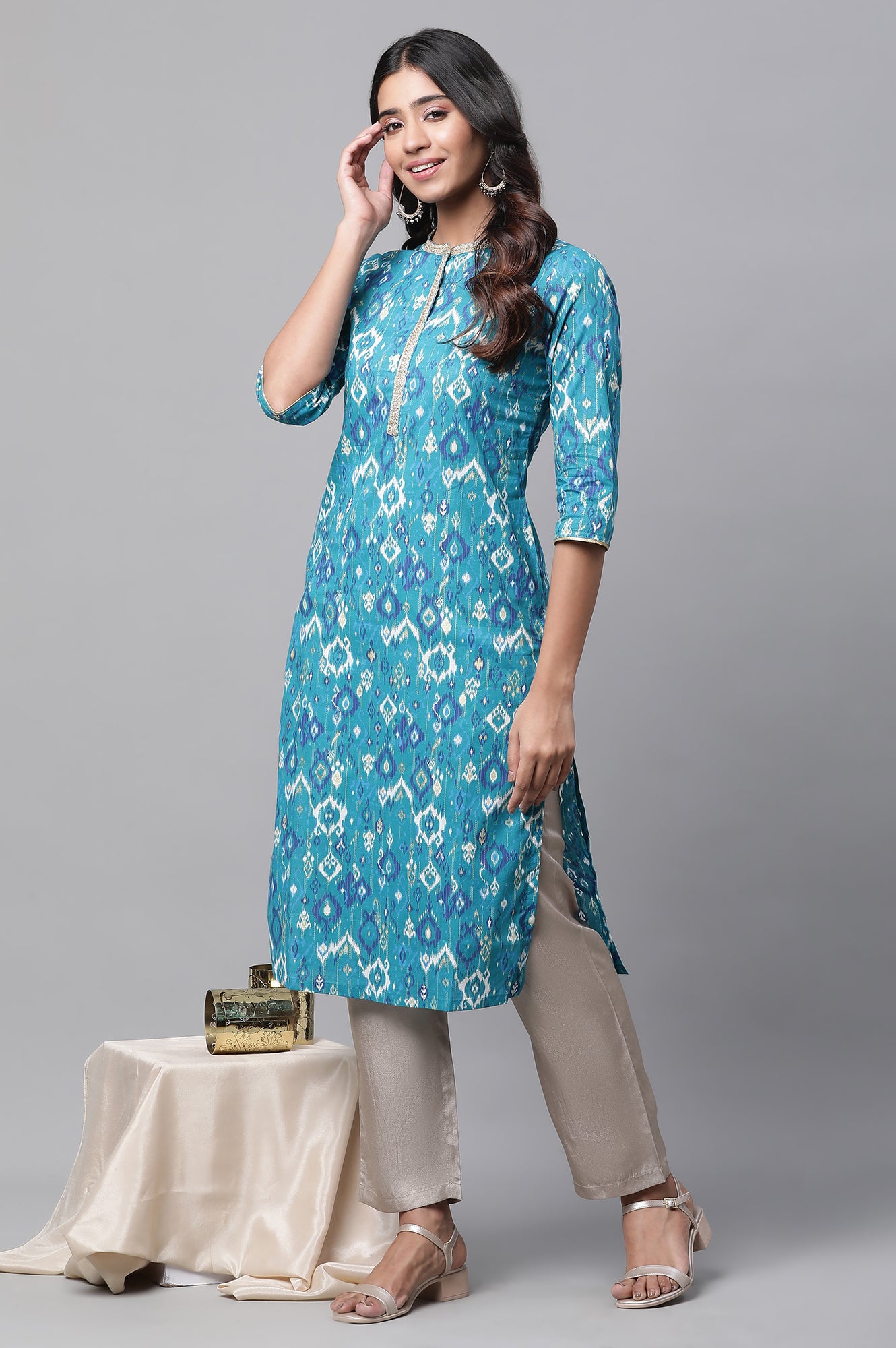 Blue Ikkat Printed Festive Kurta