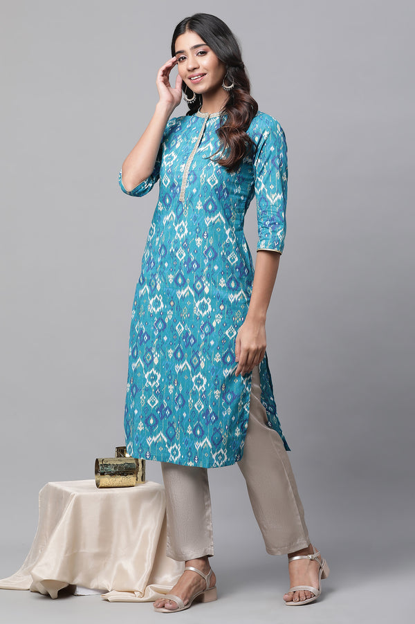 Pink V-Neck Short Rayon Kurti with Blue Stripes