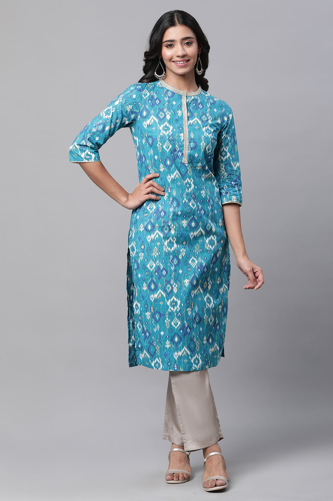Pink V-Neck Short Rayon Kurti with Blue Stripes