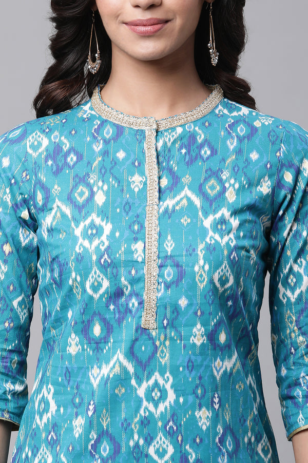 Pink V-Neck Short Rayon Kurti with Blue Stripes