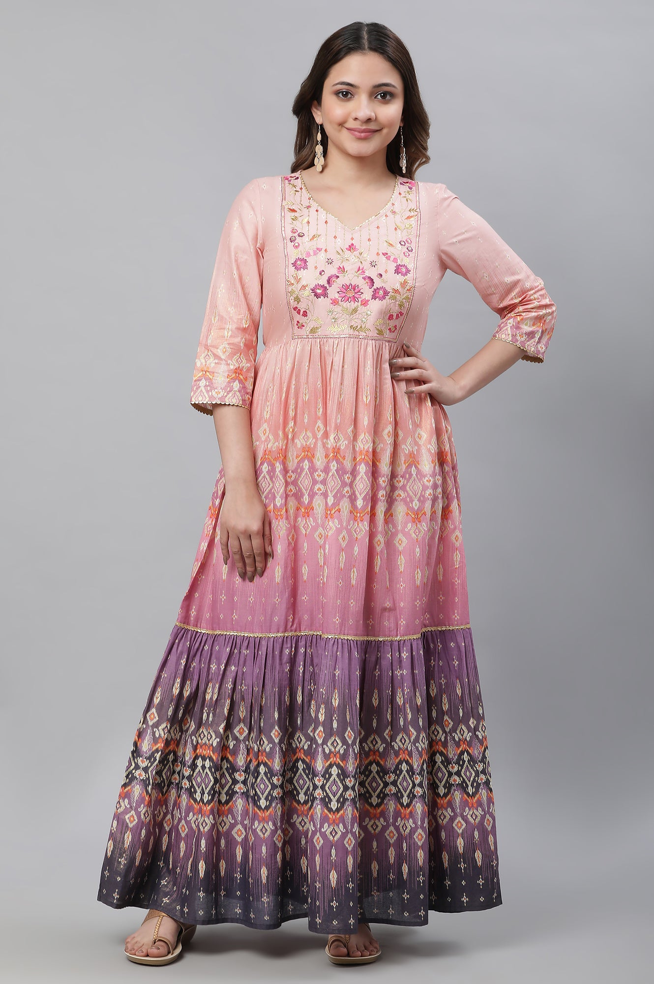 Peach Ombre Tiered Zari Embroidered Festive Kurta