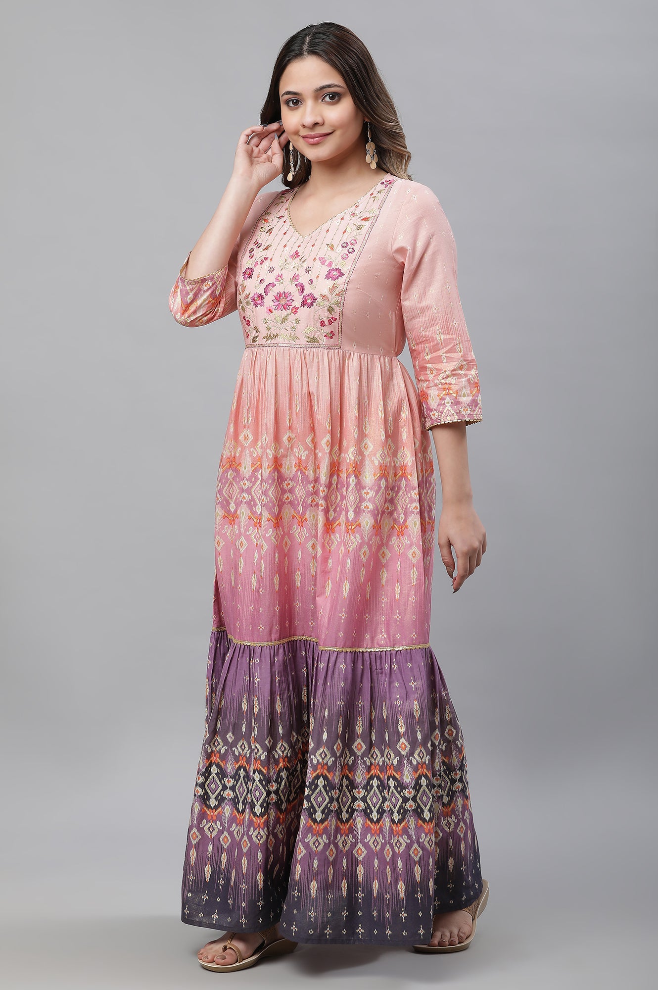 Peach Ombre Tiered Zari Embroidered Festive Kurta