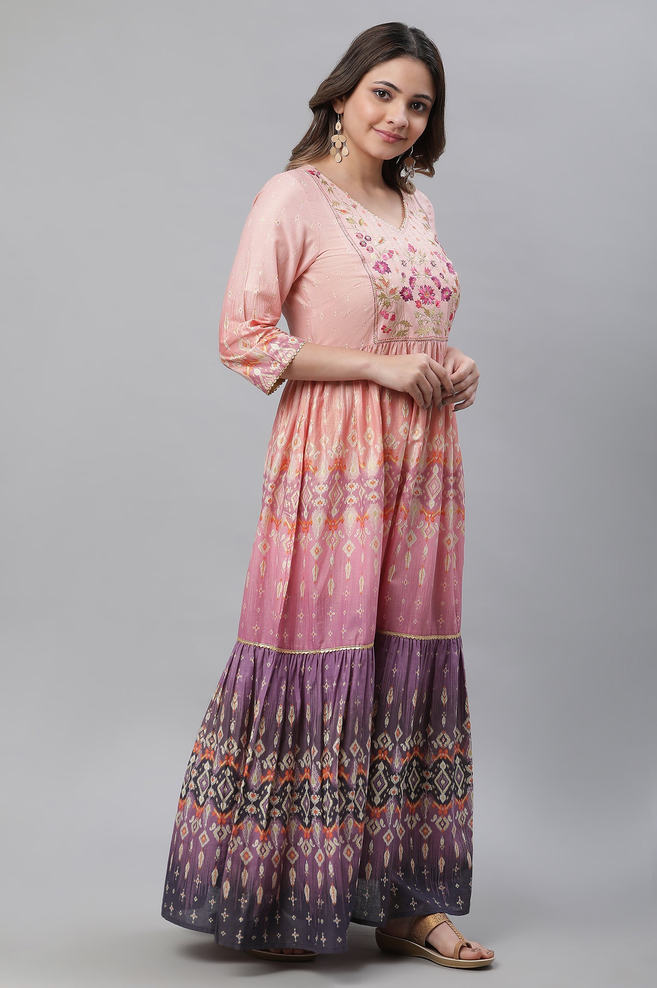 Peach Ombre Tiered Zari Embroidered Festive Kurta