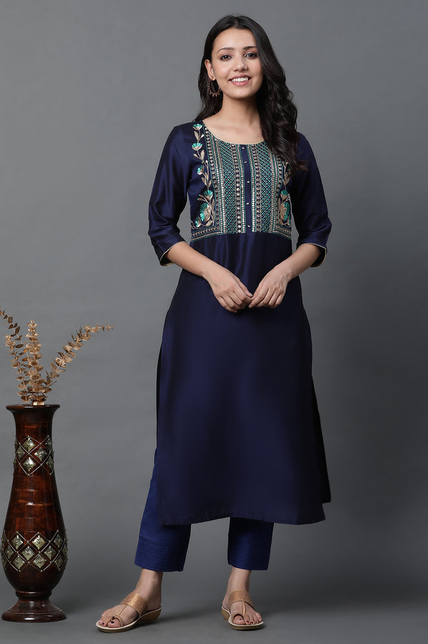 Blue Geometric Embroidered Sequined Straight Kurta