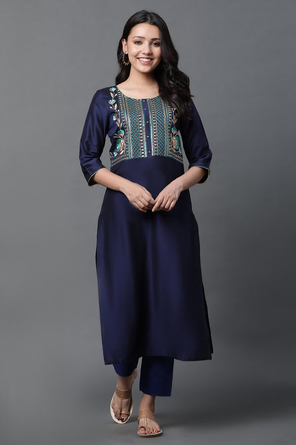 Blue Geometric Embroidered Sequined Straight Kurta