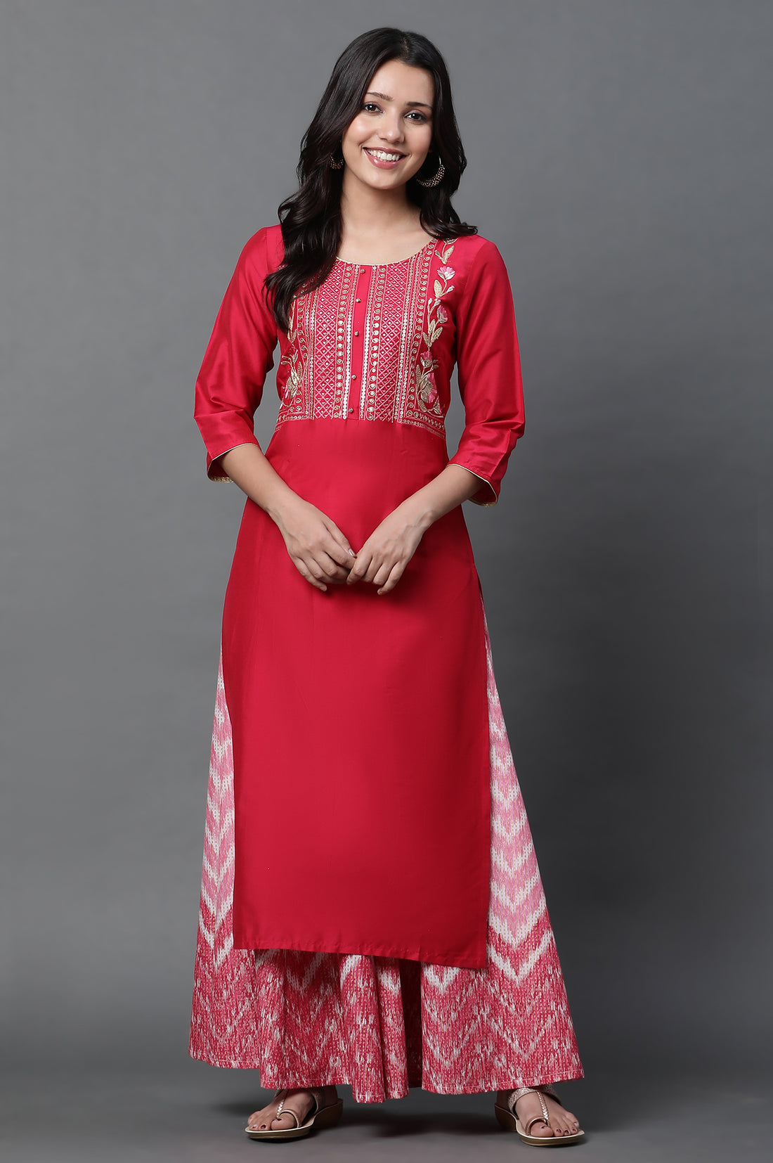 Red Geometric Embroidered Sequined Straight Kurta