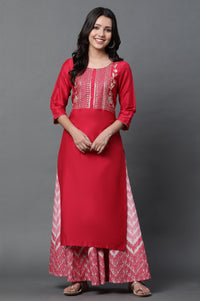 Red Geometric Embroidered Sequined Straight Kurta