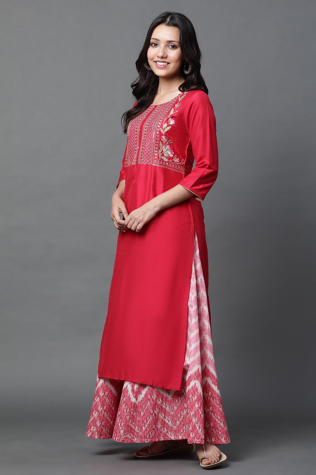 Buy Red Embroidered Zari Work Straight Woven Kurta Online for