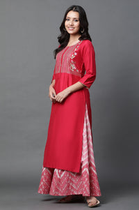 Red Geometric Embroidered Sequined Straight Kurta