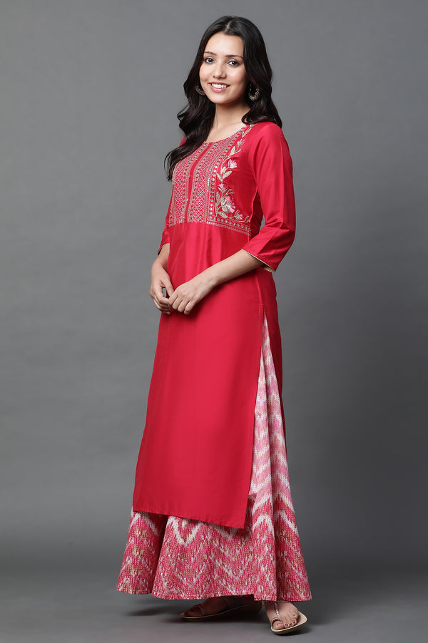 Red Geometric Embroidered Sequined Straight Kurta