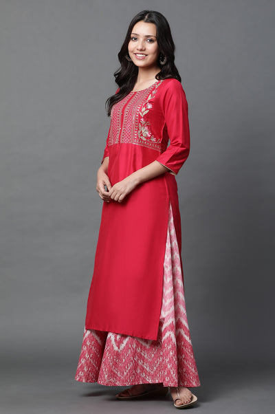 Red Geometric Embroidered Sequined Straight Kurta