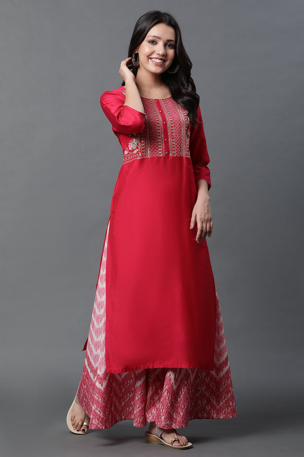 Red Geometric Embroidered Sequined Straight Kurta