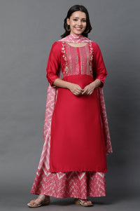 Red Geometric Embroidered Sequined Straight Kurta