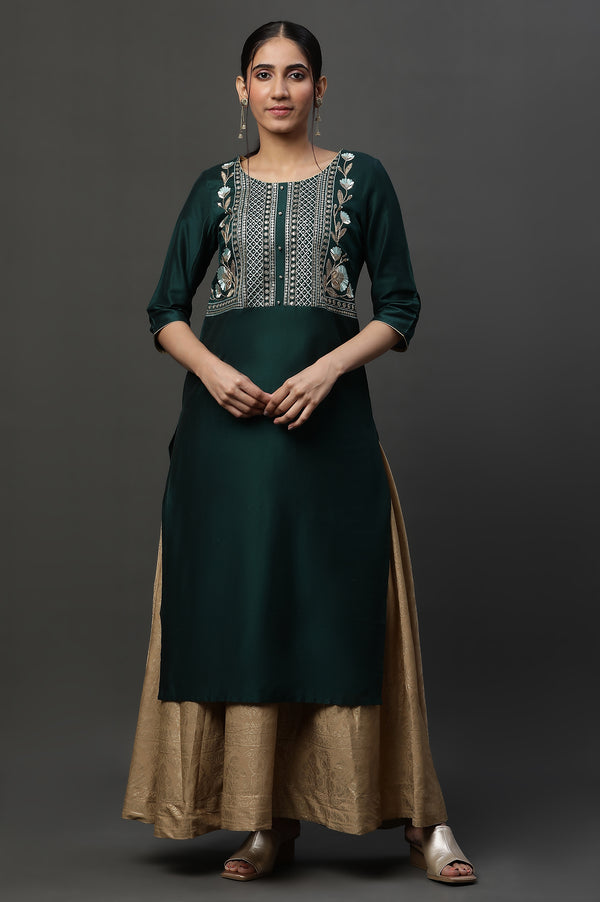Green Geometric Embroidered Sequined Straight Kurta