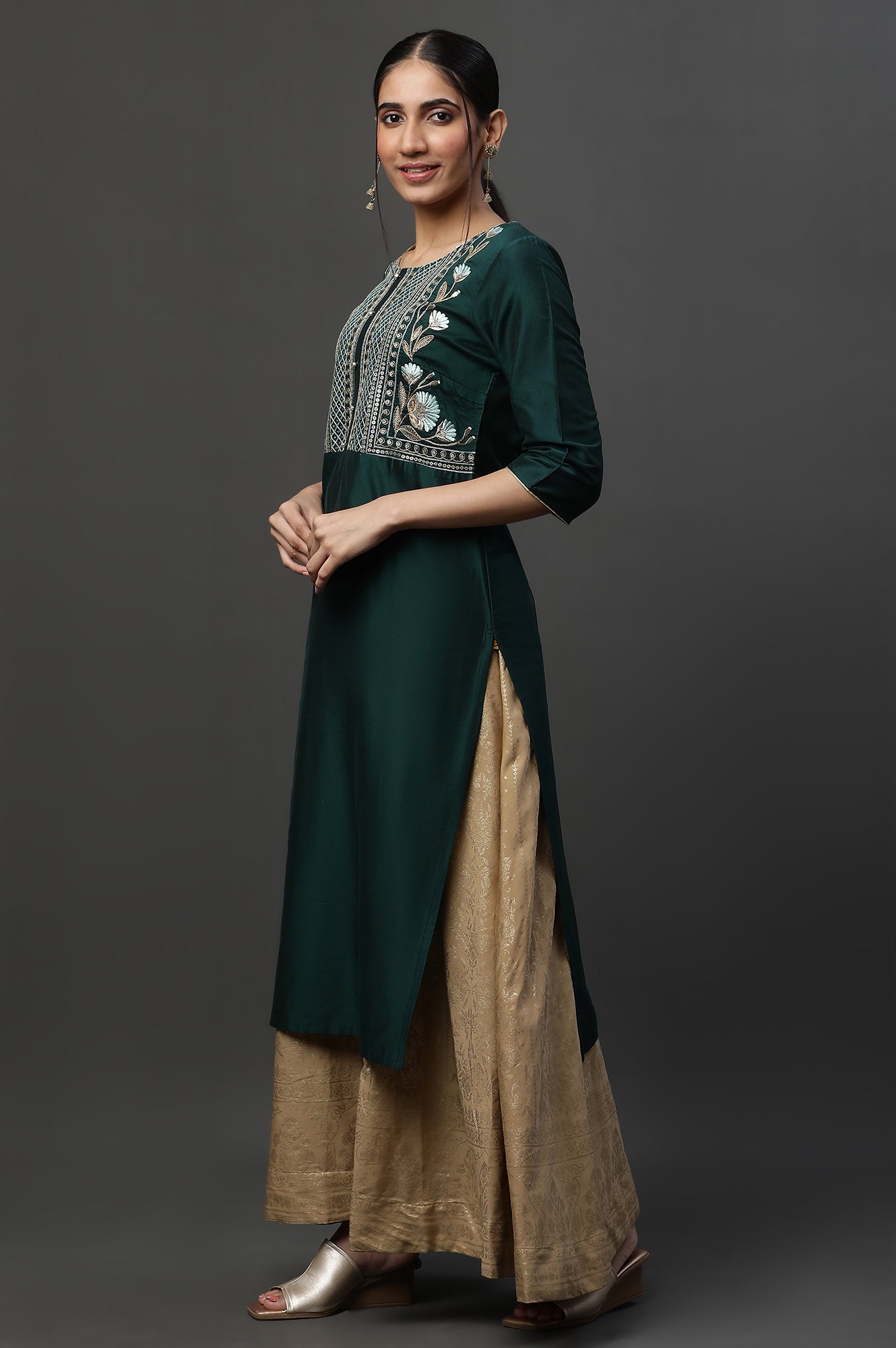 Dark Green Embroidered Yoke Festive Kurta