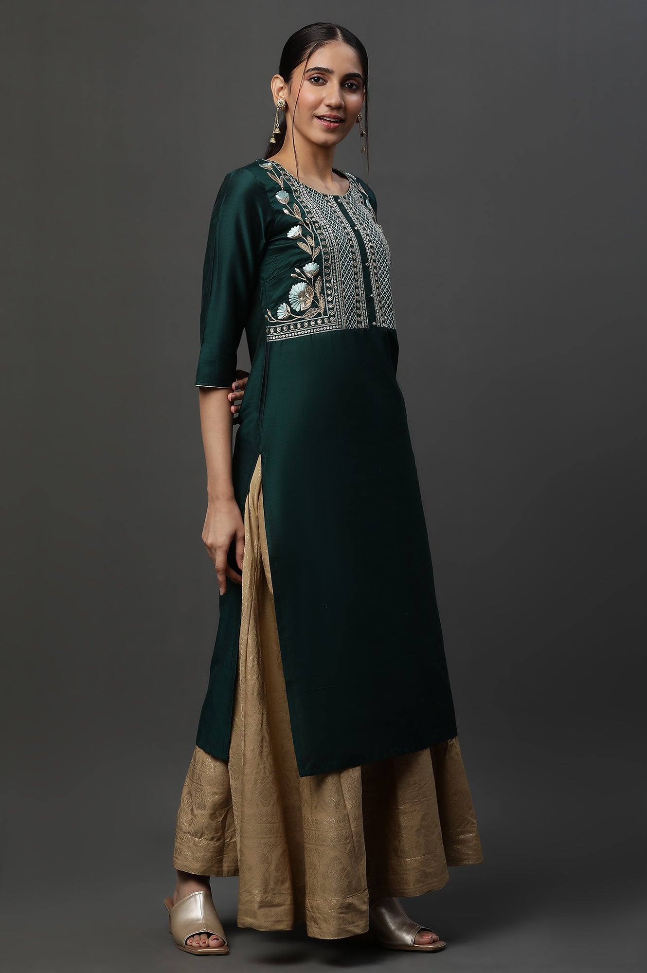 Dark Green Embroidered Yoke Festive Kurta