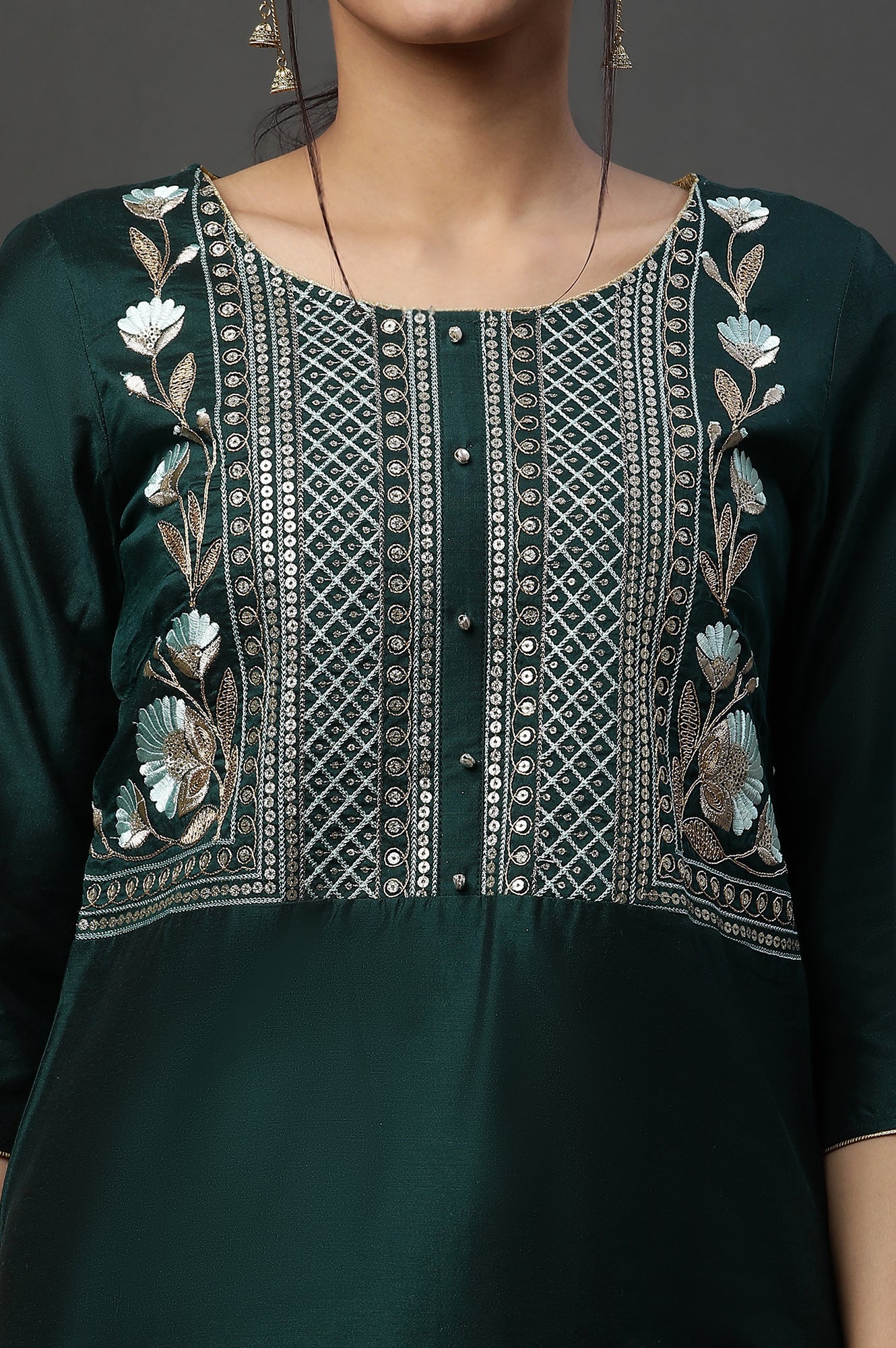 Dark Green Embroidered Yoke Festive Kurta