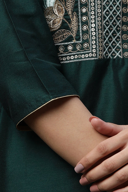 Dark Green Embroidered Yoke Festive Kurta