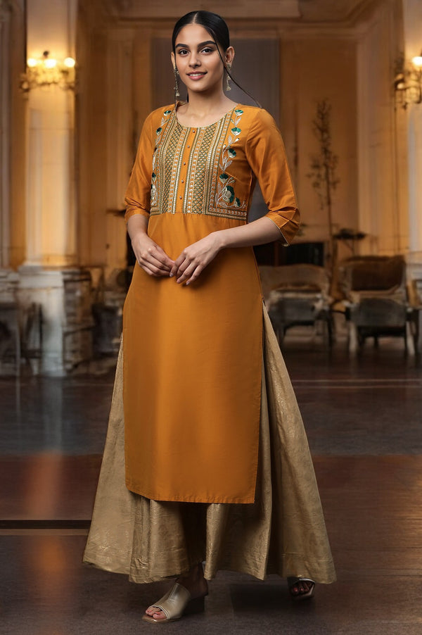 Yellow Embroidered Yoke Straight Festive Kurta