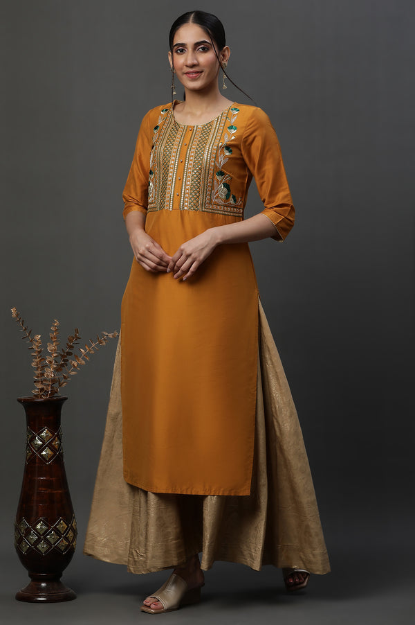 Yellow Embroidered Yoke Straight Festive Kurta