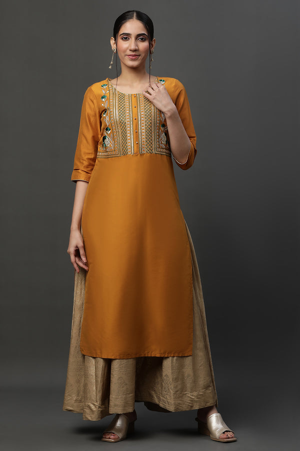 Yellow Embroidered Yoke Straight Festive Kurta