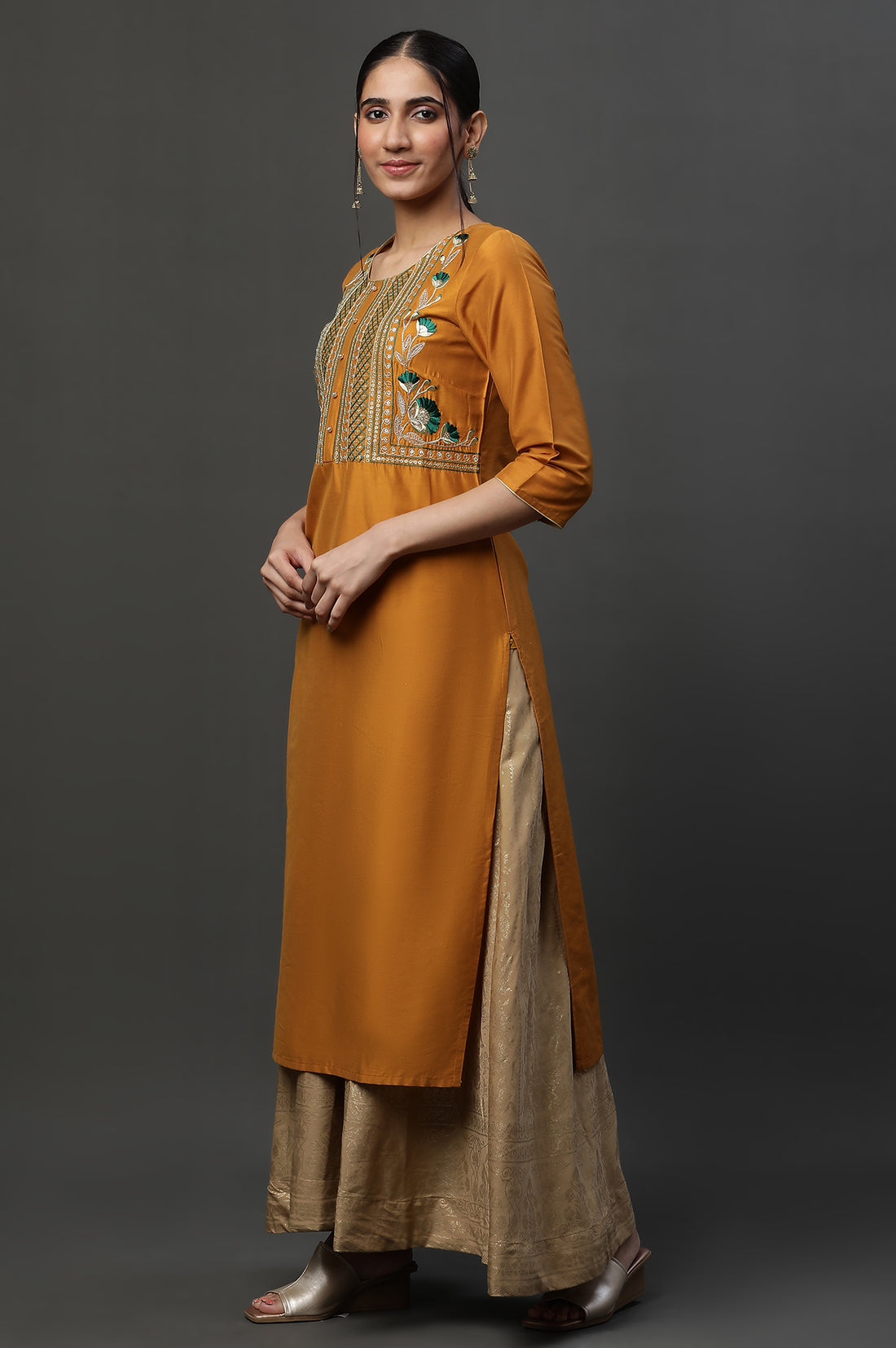 Yellow Embroidered Yoke Straight Festive Kurta