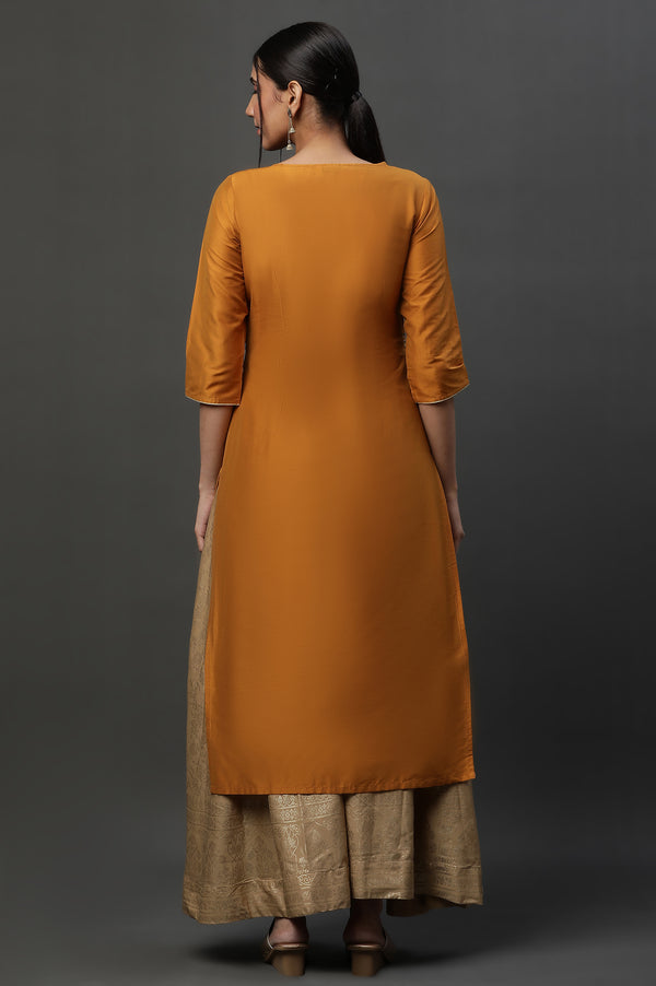 Yellow Embroidered Yoke Straight Festive Kurta