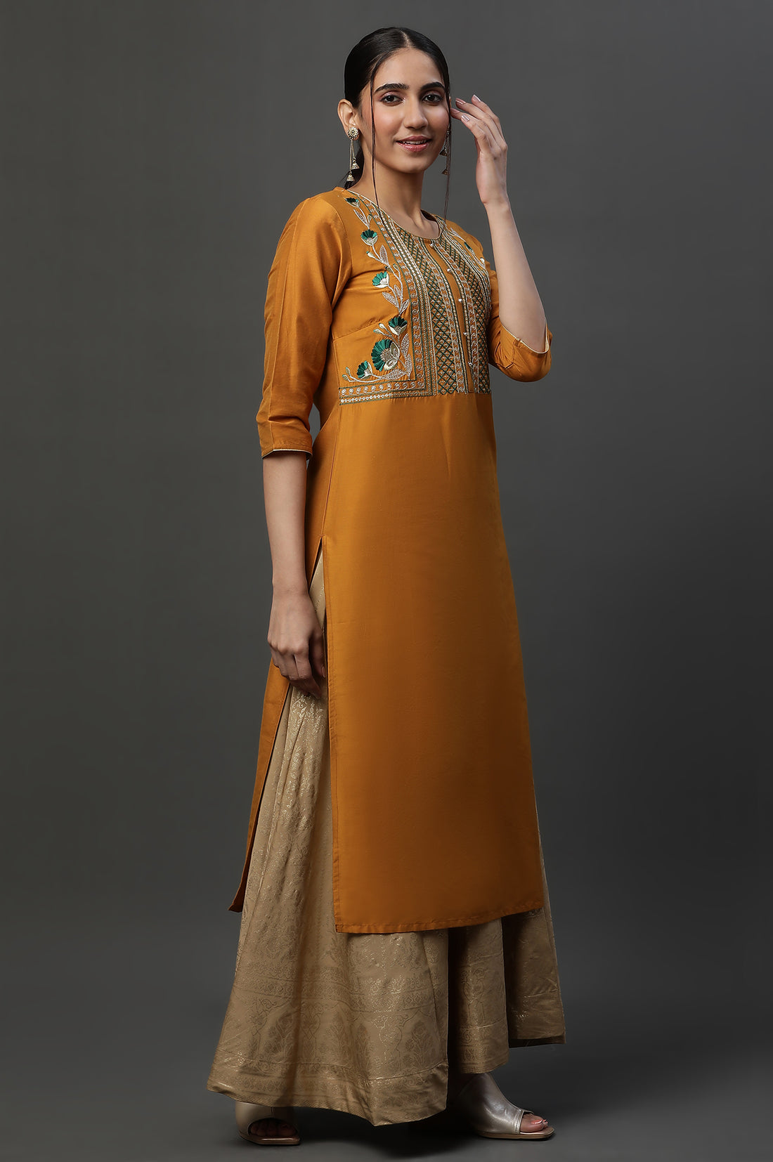 Yellow Embroidered Yoke Straight Festive Kurta